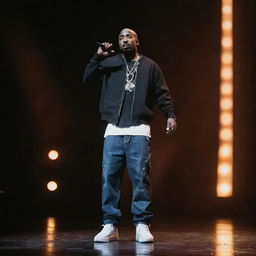 A futuristic image of legendary rapper Tupac (2Pac) performing on stage in 2024, flaunting modern style hip-hop clothing, with advanced stage effects and lighting illuminating the background.