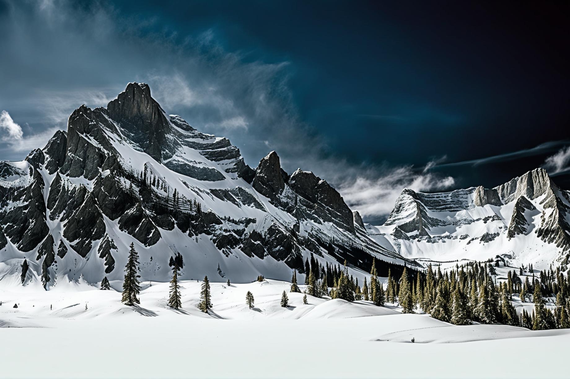 High-definition photograph of a snowy mountain scene with towering peaks, clear blue sky, and a foreground of pristine snow, designed for use as a wallpaper