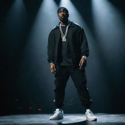 A futuristic image of legendary rapper Tupac (2Pac) performing on stage in 2024, flaunting modern style hip-hop clothing, with advanced stage effects and lighting illuminating the background.