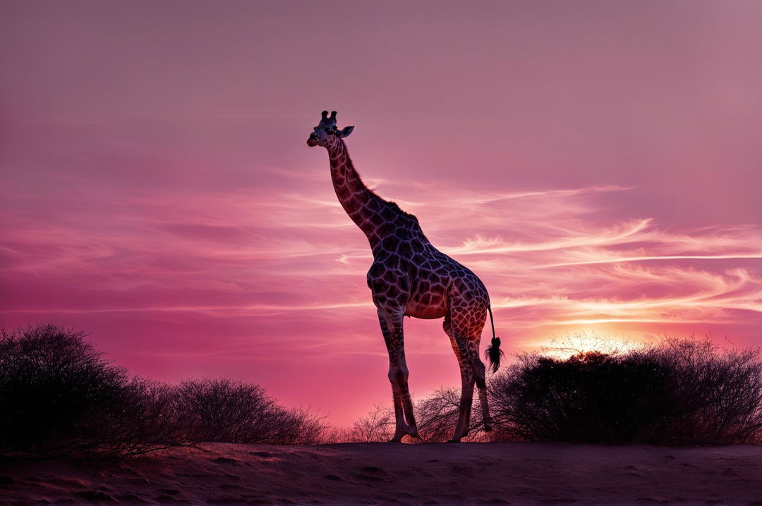 High-definition photograph of a giraffe silhouette in a warm African desert, with a setting or rising sun, designed for use as a wallpaper