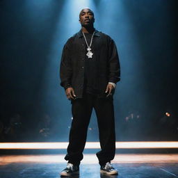 A futuristic image of legendary rapper Tupac (2Pac) performing on stage in 2024, flaunting modern style hip-hop clothing, with advanced stage effects and lighting illuminating the background.