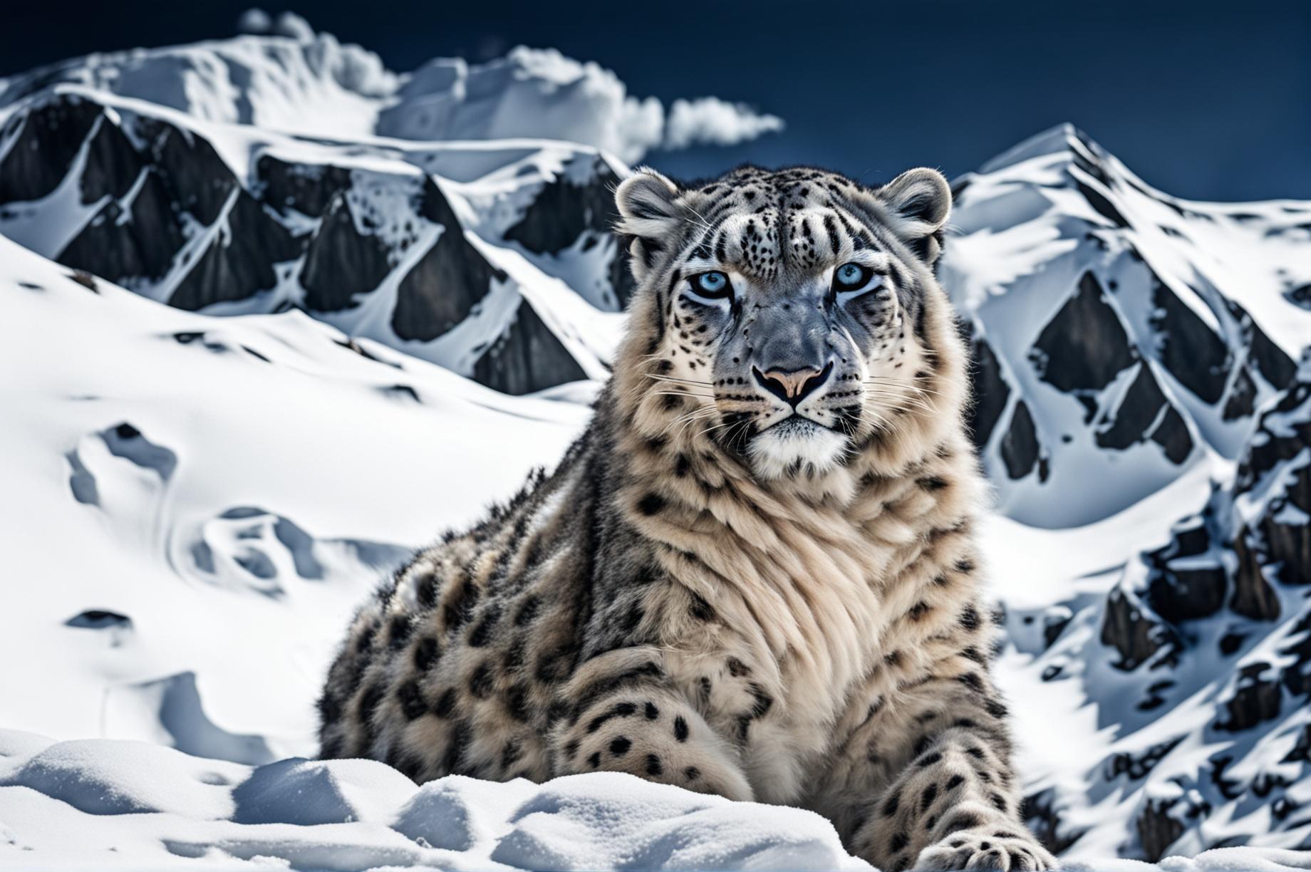 High-definition photograph of a snow leopard in a snowy mountain scene with towering peaks and a clear blue sky, designed for use as a wallpaper