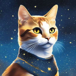 A calico she-cat with yellow eyes and no collar, staring up at a starry night sky