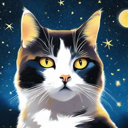 A calico she-cat with yellow eyes and no collar, staring up at a starry night sky