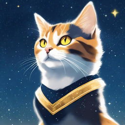 A calico she-cat with yellow eyes and no collar, staring up at a starry night sky