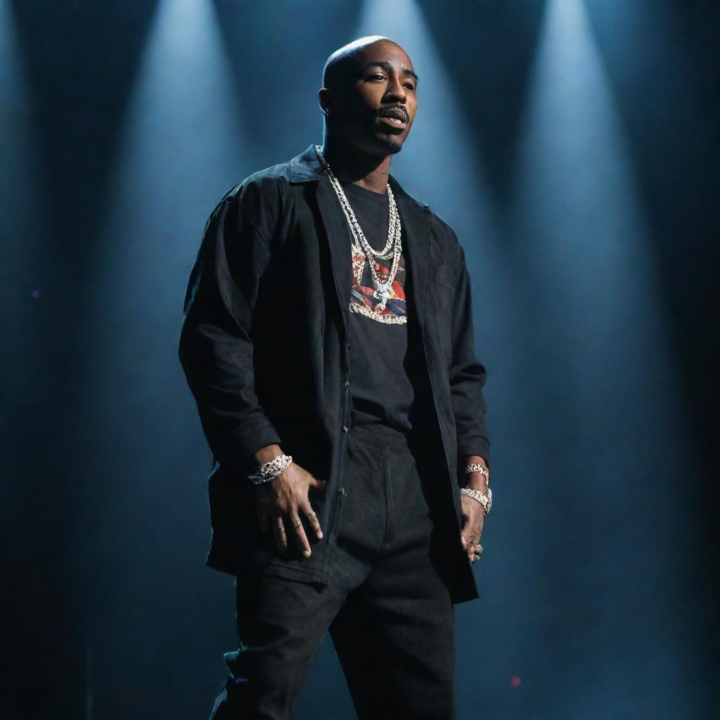 A futuristic image of legendary rapper Tupac (2Pac) performing on stage in 2024, flaunting modern style hip-hop clothing, with advanced stage effects and lighting illuminating the background.