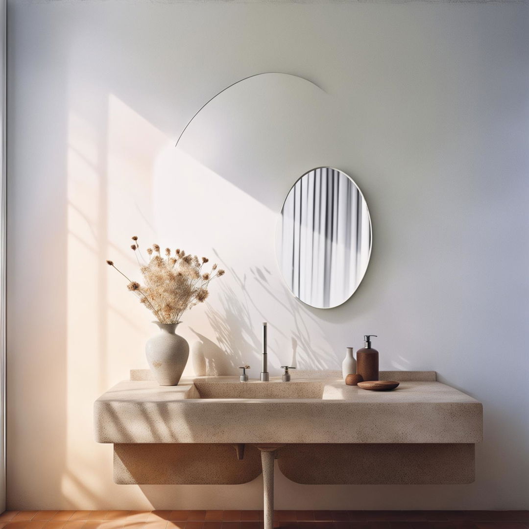 A tranquil bathroom with clean white plaster wall bathed in shards of light casting soft shadows, dainty stone vanity, oval mirror, vase with dried flowers, delicate terracotta tiles on the floor in an architectural elevation.