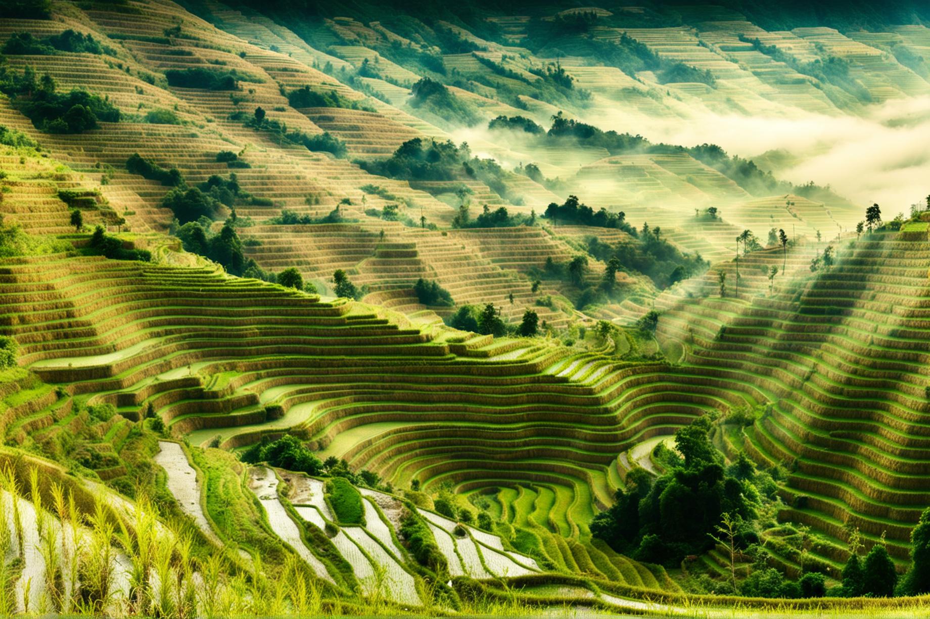 High-definition photograph of Chinese rice fields with lush green terraces and a misty sky, designed for use as a wallpaper