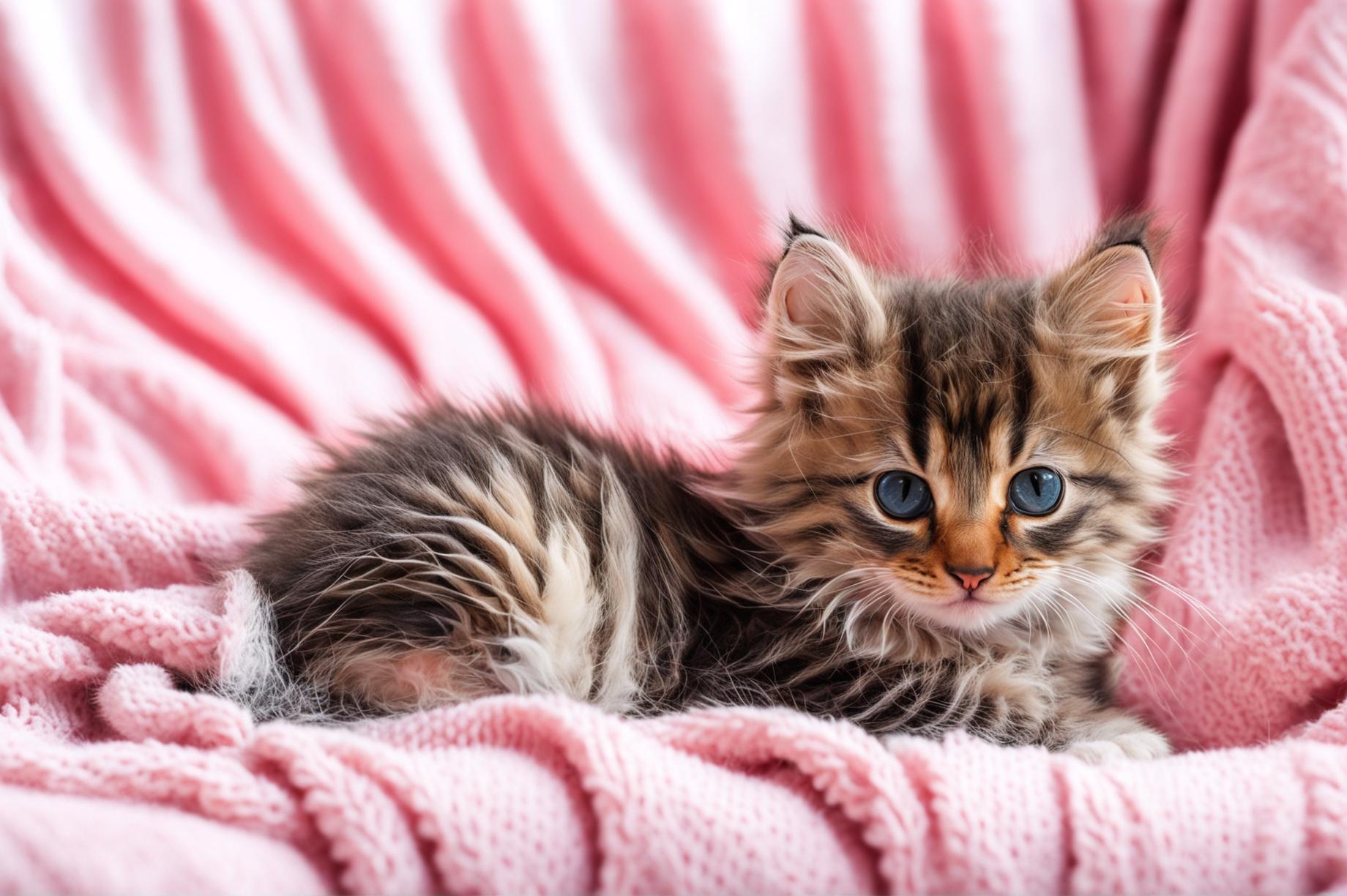 High-definition photograph of a fluffy kitten on a light pink blanket, designed for use as a wallpaper