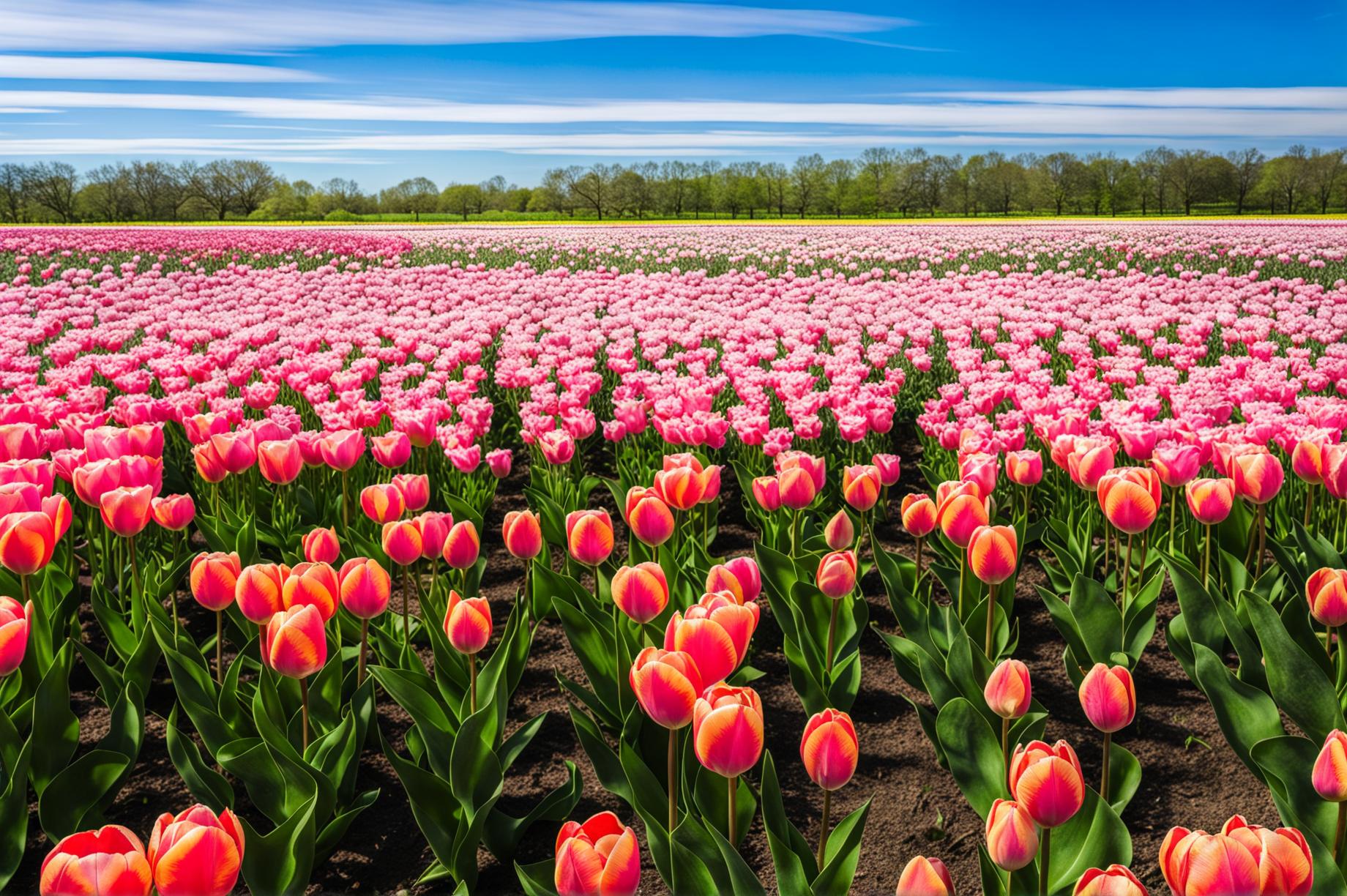 High-definition photograph of a pink and white tulip field under a clear blue sky, designed for use as a wallpaper