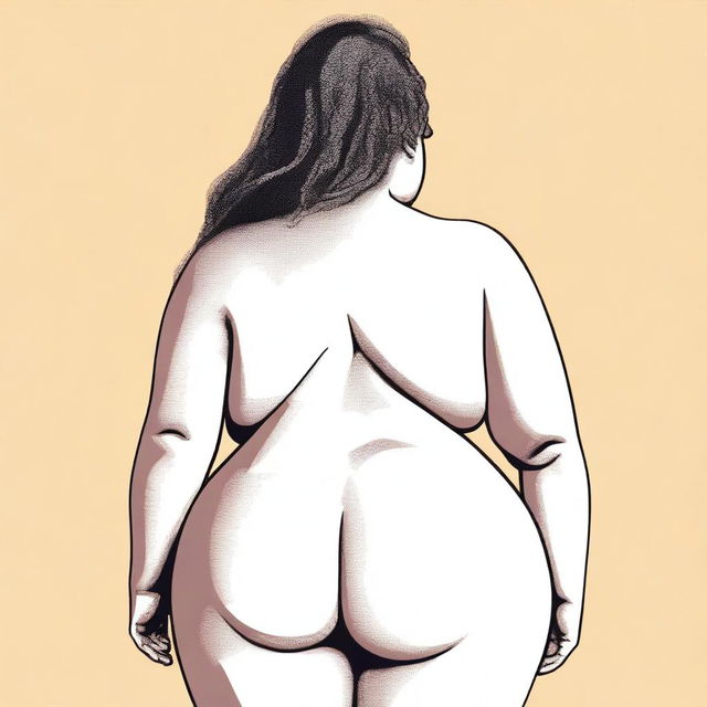 A detailed illustration featuring a person with exaggerated body proportions, specifically with a large posterior