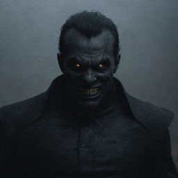 A menacing character with dark attire, fierce eyes, and a sinister smile, situated in a gloomy environment