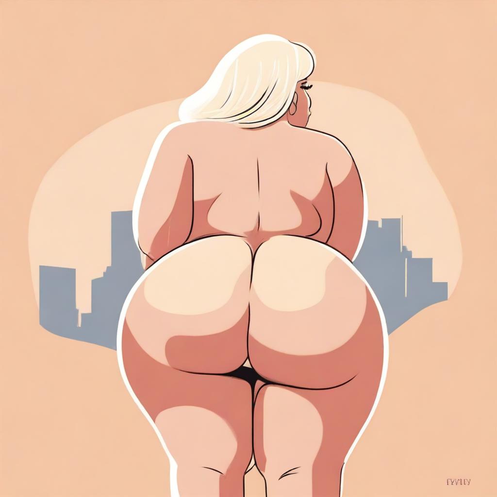 A point of view illustration featuring a blonde person with exaggerated body proportions, specifically with a large posterior