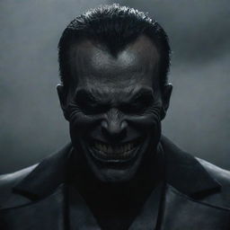 A menacing character with dark attire, fierce eyes, and a sinister smile, situated in a gloomy environment