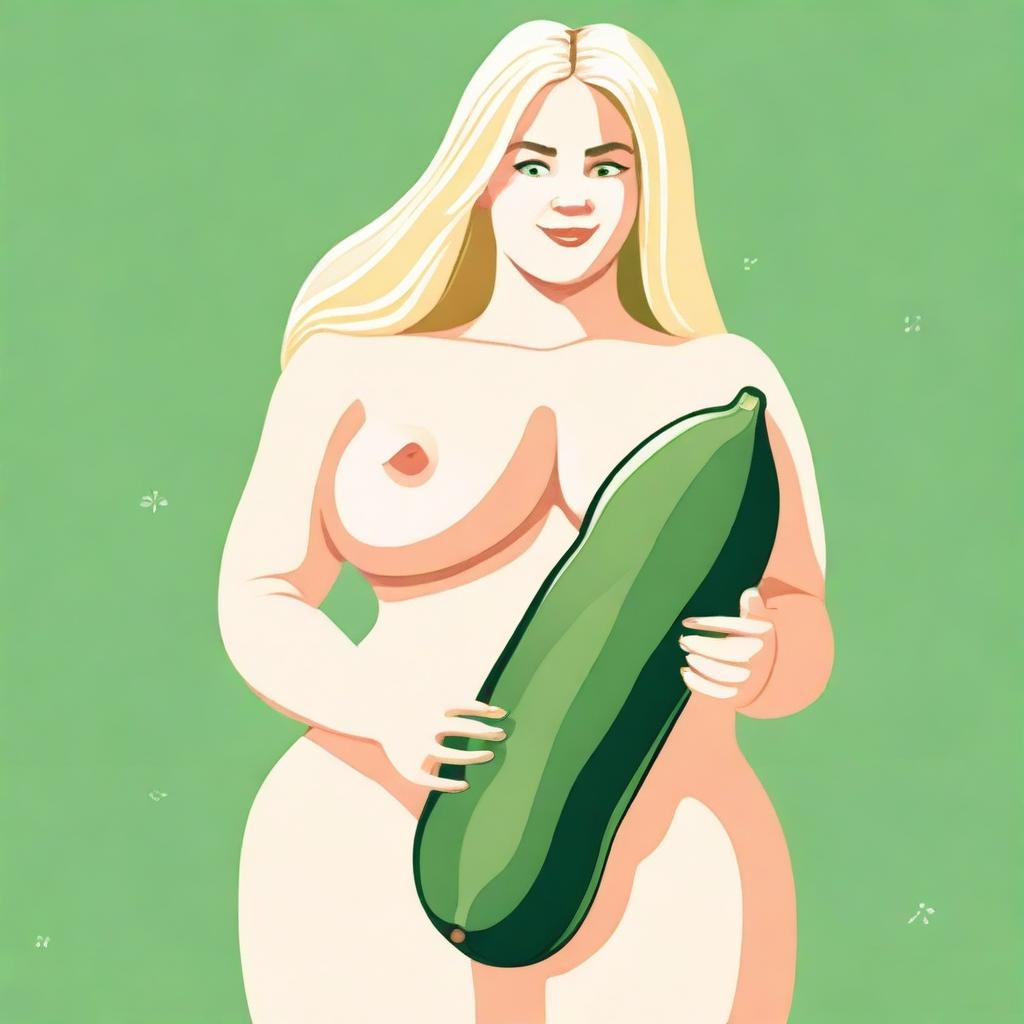 A detailed illustration featuring a blonde person with exaggerated body proportions, specifically with a large posterior, holding a cucumber