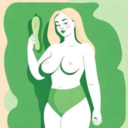 A detailed illustration featuring a blonde person with exaggerated body proportions, specifically with a large posterior, holding a cucumber