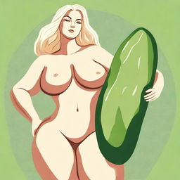 A detailed illustration featuring a blonde person with exaggerated body proportions, specifically with a large posterior, holding a cucumber