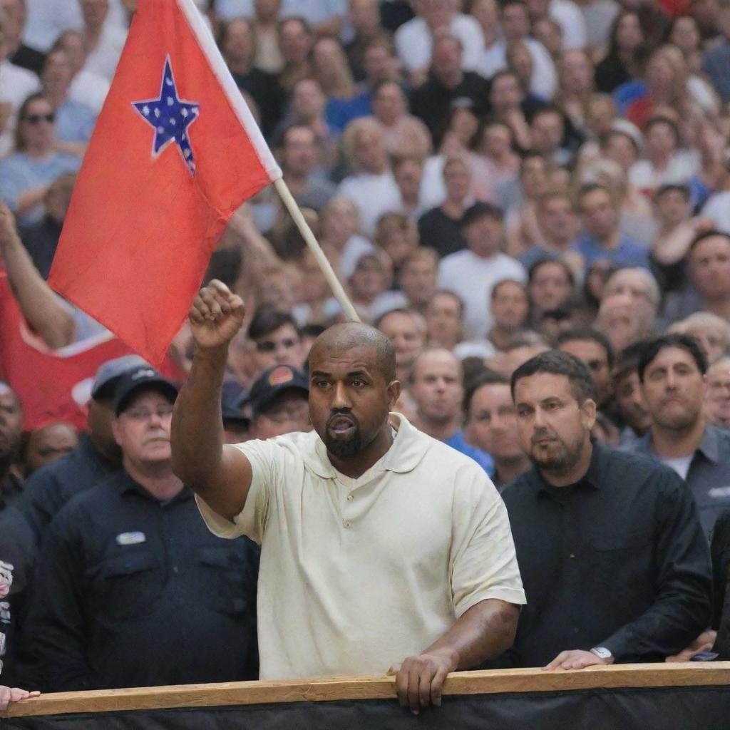 Kanye West fervently speaking at a rally, surrounded by enthusiastic workers holding various flags, with an industrial backdrop.