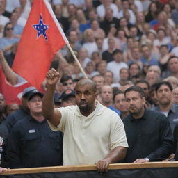 Kanye West fervently speaking at a rally, surrounded by enthusiastic workers holding various flags, with an industrial backdrop.