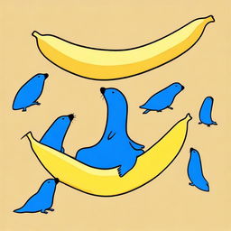 Create an image of an empty banana peel, populated with blue lemmings