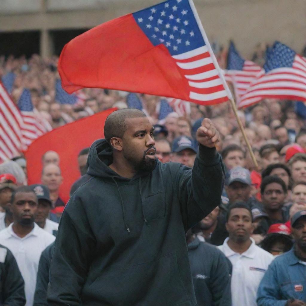 Kanye West fervently speaking at a rally, surrounded by enthusiastic workers holding various flags, with an industrial backdrop.