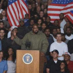 Kanye West fervently speaking at a rally, surrounded by enthusiastic workers holding various flags, with an industrial backdrop.