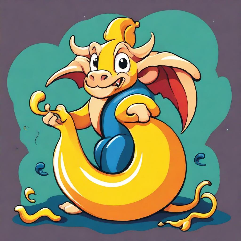 Create a 2D cartoon style image of a chimera combining a banana and Aladdin's lamp, merging the two objects seamlessly with a whimsical and imaginative design