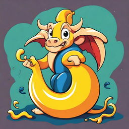 Create a 2D cartoon style image of a chimera combining a banana and Aladdin's lamp, merging the two objects seamlessly with a whimsical and imaginative design