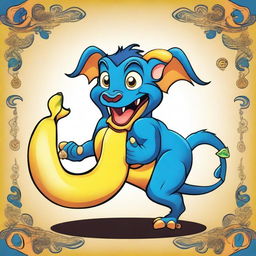 Create a 2D cartoon style image of a chimera combining a banana and Aladdin's lamp, merging the two objects seamlessly with a whimsical and imaginative design