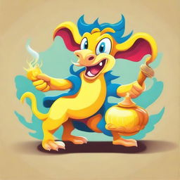 Create a 2D cartoon style image of a chimera combining a banana and Aladdin's lamp, merging the two objects seamlessly with a whimsical and imaginative design