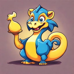 Create a 2D cartoon style image of a chimera combining a banana and Aladdin's lamp, merging the two objects seamlessly with a whimsical and imaginative design