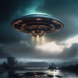 A cinematic art of an alien spaceship landing on Earth, surrounded by a dramatic and eerie atmosphere