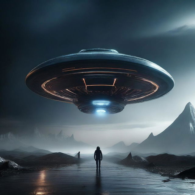 A cinematic art of an alien spaceship landing on Earth, surrounded by a dramatic and eerie atmosphere