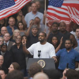 Kanye West fervently speaking at a rally, surrounded by enthusiastic workers holding various flags, with an industrial backdrop.