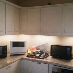 An infuriated man, moments after losing a game of Geometry Dash at 97%, is uncontrollably venting his anger by explosively demolishing his microwave in his kitchen.