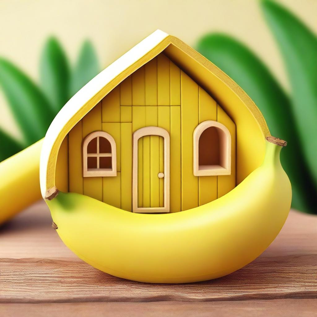 Create an image of a house inside a section of a banana