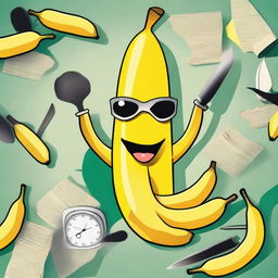 Create an image featuring a banana in a 'knives out' theme