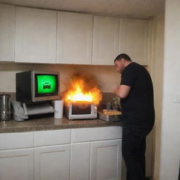 An infuriated man, moments after losing a game of Geometry Dash at 97%, is uncontrollably venting his anger by explosively demolishing his microwave in his kitchen.