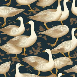 Create a seamless pattern featuring intricately detailed golden geese in various poses