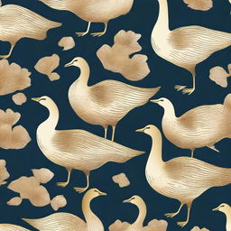 Create a seamless pattern featuring intricately detailed golden geese in various poses