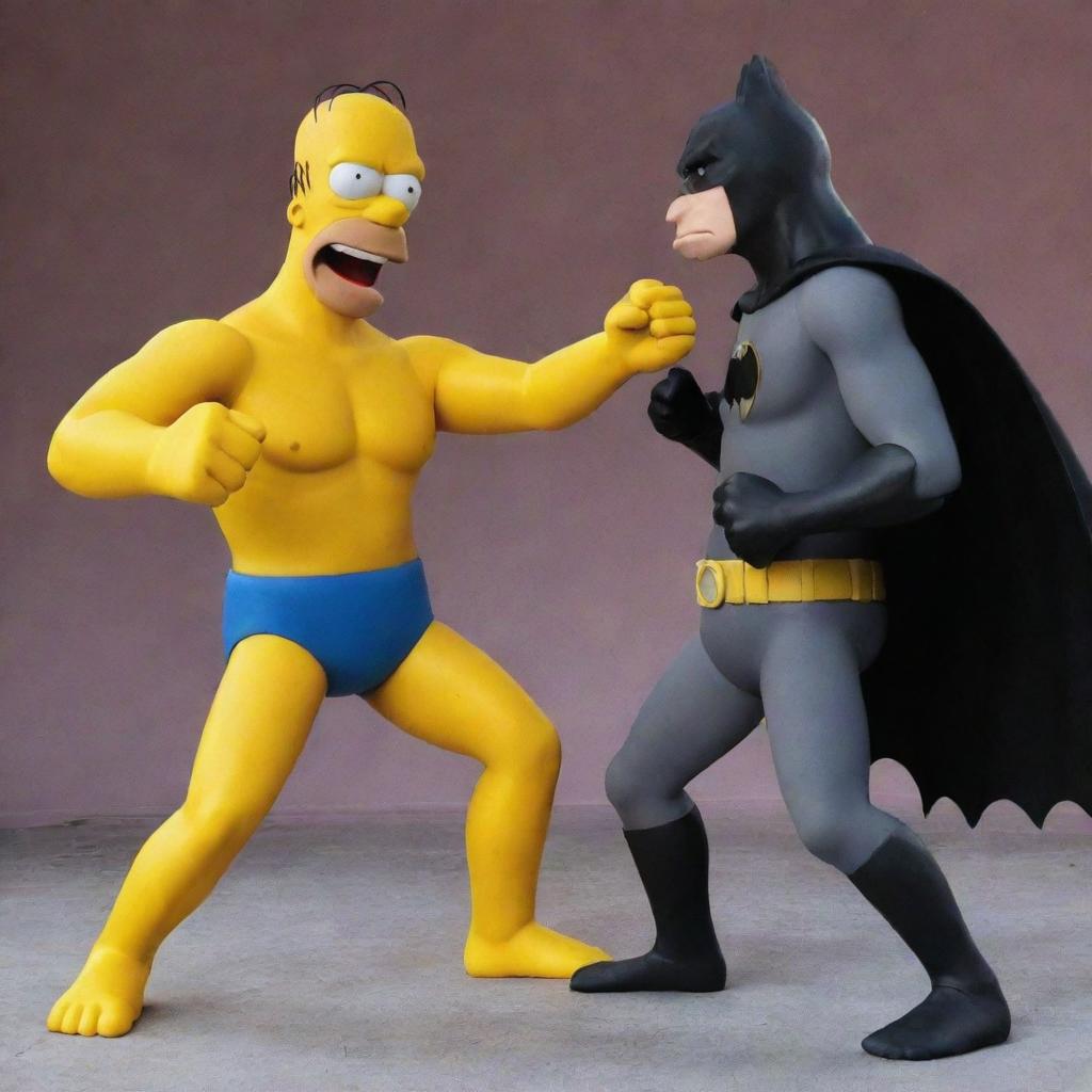 An animated image of Homer Simpson in a humorous combat stance, squaring off against Batman in his trademark costume, in a scenario evocative of a comic book showdown.