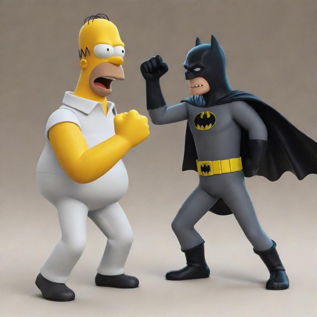 An animated image of Homer Simpson in a humorous combat stance, squaring off against Batman in his trademark costume, in a scenario evocative of a comic book showdown.