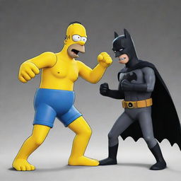 An animated image of Homer Simpson in a humorous combat stance, squaring off against Batman in his trademark costume, in a scenario evocative of a comic book showdown.