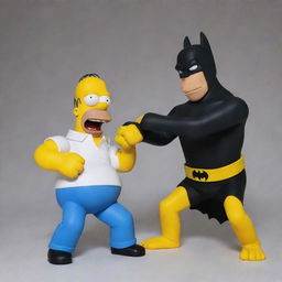 An animated image of Homer Simpson in a humorous combat stance, squaring off against Batman in his trademark costume, in a scenario evocative of a comic book showdown.