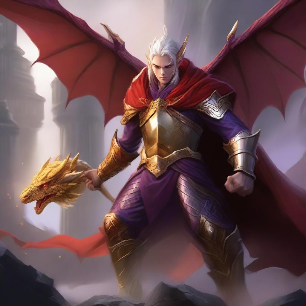 A legendary elf battling against evil enemies, wearing a red cape and golden armor, with a crown on his head