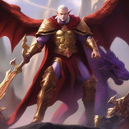 A legendary elf battling against evil enemies, wearing a red cape and golden armor, with a crown on his head