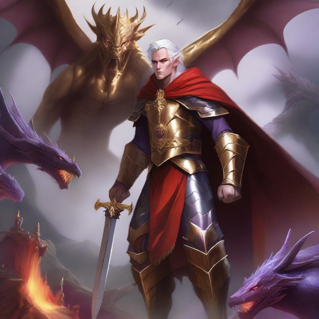 A legendary elf battling against evil enemies, wearing a red cape and golden armor, with a crown on his head