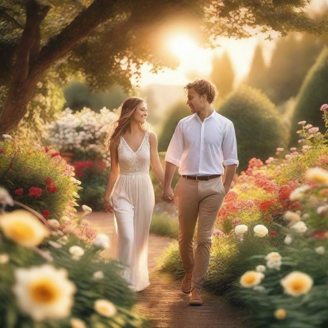 A romantic scene featuring a couple holding hands and walking through a beautiful garden filled with blooming flowers