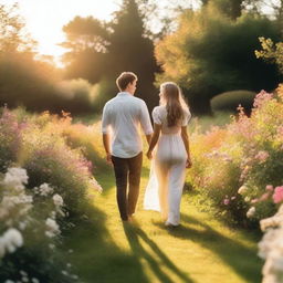 A romantic scene featuring a couple holding hands and walking through a beautiful garden filled with blooming flowers