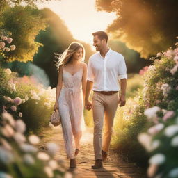 A romantic scene featuring a couple holding hands and walking through a beautiful garden filled with blooming flowers